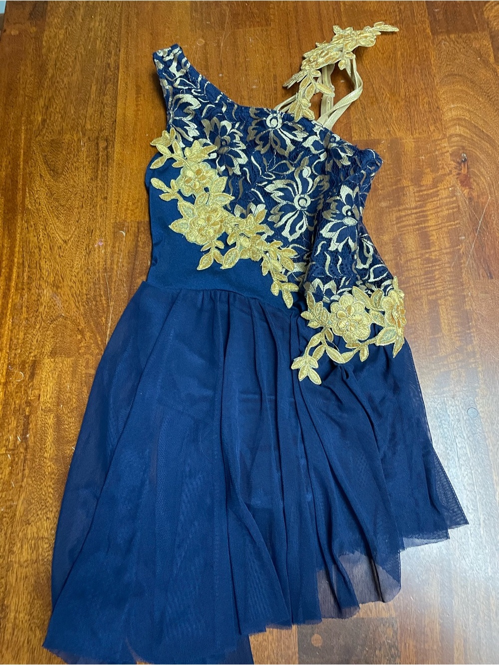 A wish come true blue and gold dance dress size imc